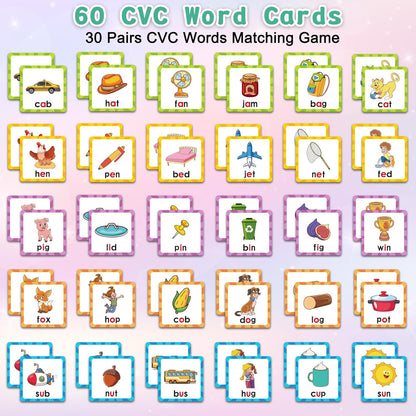 Memory Game, CVC Word Games Kindergarten, Memory Games for Kids Ages 4-8, Matching Games for Toddlers 3-5, Phonics Games Flash Cards 2-4 Years, Memory Card Game Homeschool Learning Educational Toys