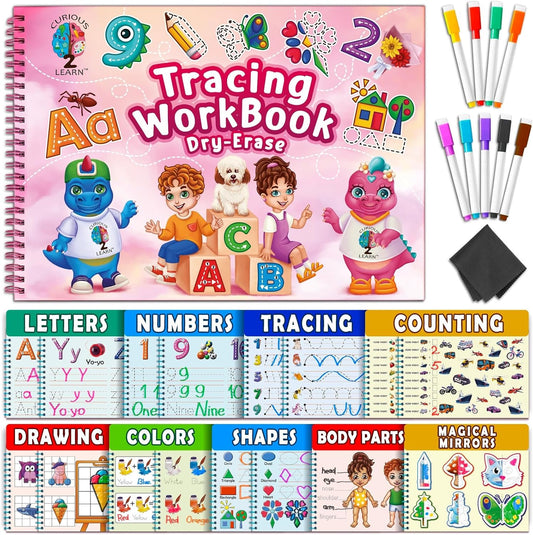 Curious 2 Learn Hardcover Preschool Activity Workbook for Kids Ages 3–5 – 32 Montessori Learning Activities with 9 Markers – ABC, Numbers, Colors & Shapes – Educational Gift for Boys & Girls