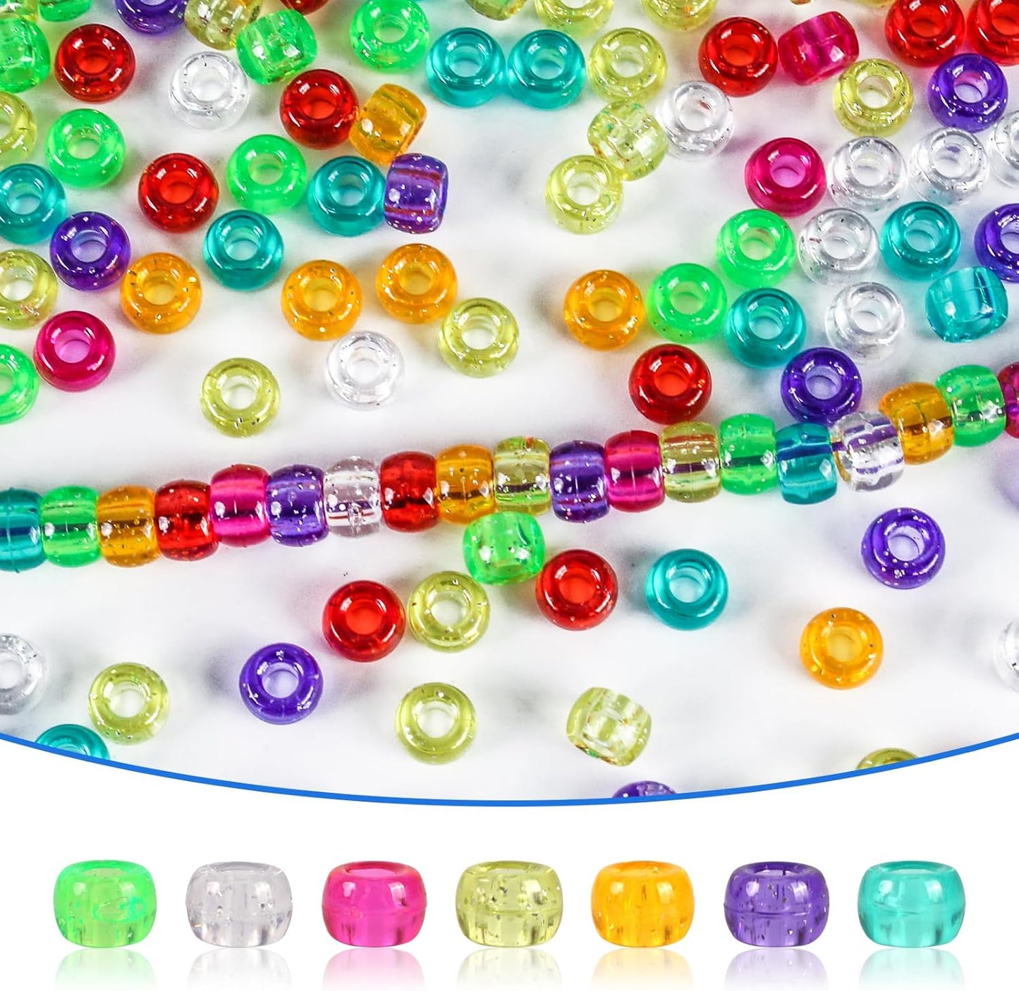 2000 Pcs Multi-Colored Glitter Pony Beads, 6x9mm, Round, Acrylic, Loose Beads, Perfect for Bracelets, Jewelry Making, Crafts