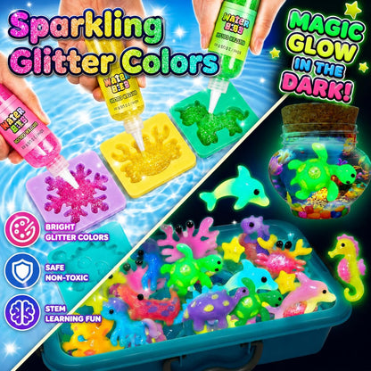 AGENTLAN Magic Water Elf Toy Kit，Aqua Fairy Squishy Making kit with 10 Water gels&8 molds,Magic Jelly elf,Glow in the Dark Water Pets Craft Kits,Sensory Toy Gift Ages 3 4 5 6 7 8 9