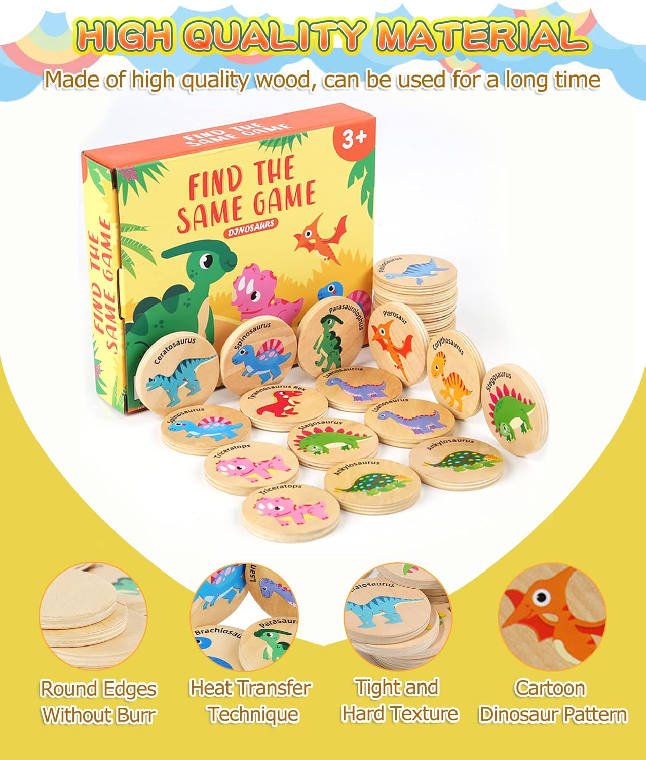 Wooden Match Memory Game for Kids, 24Pc Memory Matching Cards, Educational Memory Matching Game for Pre-Kindergarten Early Learning Development Kids-Dinosaur