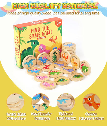 Wooden Match Memory Game for Kids, 24Pc Memory Matching Cards, Educational Memory Matching Game for Pre-Kindergarten Early Learning Development Kids-Dinosaur