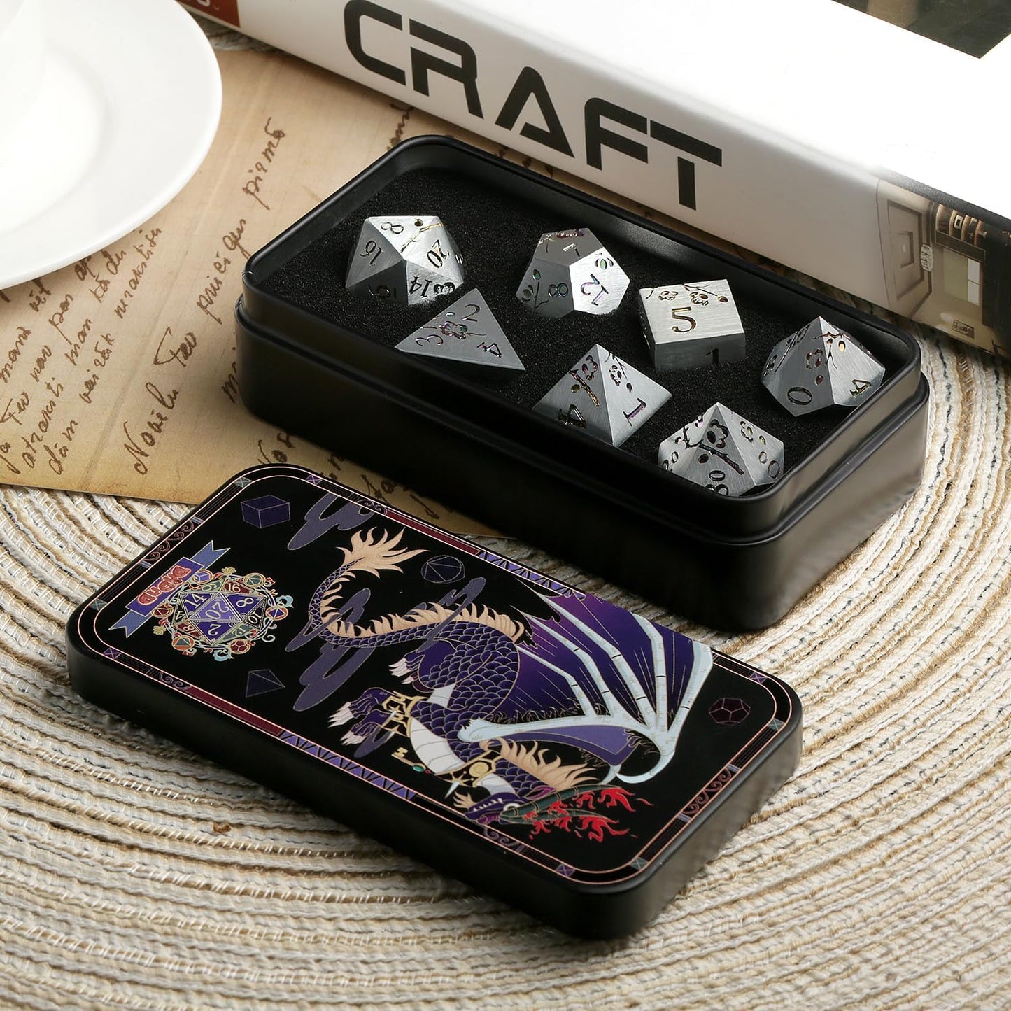 DnDnD Heavy Polyhedral Metal Dice Set with Metal Box, 7-die Shiny Blue Surface with Golden Number for RPG,Dungeons and Dragons,Pathfinder,Shadowrun,D&D,Role Palying Game and Math Teaching - Colors B