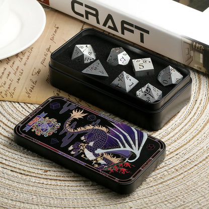 DnDnD Heavy Polyhedral Metal Dice Set with Metal Box, 7-die Shiny Blue Surface with Golden Number for RPG,Dungeons and Dragons,Pathfinder,Shadowrun,D&D,Role Palying Game and Math Teaching - Colors B