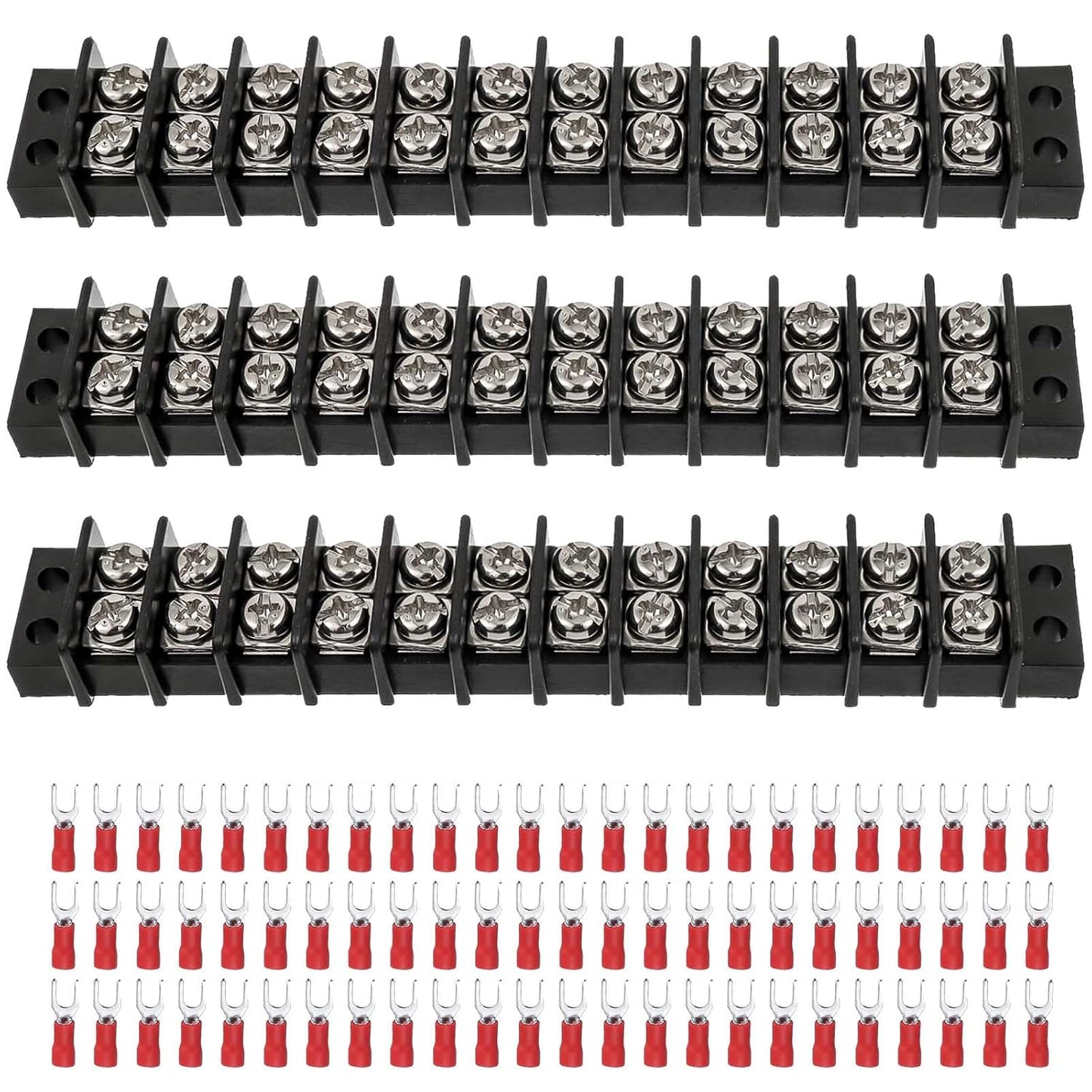 3sets 10 Position Terminal Strips， Dual Screw Terminals Block Strip with 16-14AWG Insulated Fork Wire Connectors for Electrical Wiring