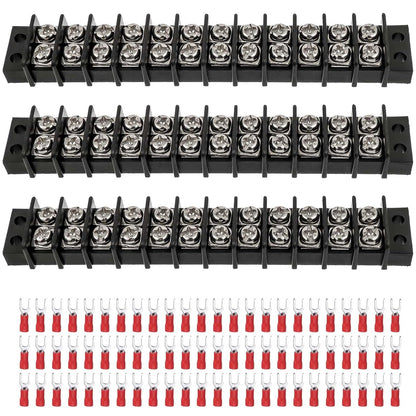 3sets 10 Position Terminal Strips， Dual Screw Terminals Block Strip with 16-14AWG Insulated Fork Wire Connectors for Electrical Wiring