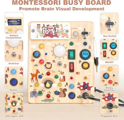 LED Busy Board for Toddlers - Montessori Sensory Toy with 10 Switches & 19 Lights, Wooden Activity Board for Fine Motor Skills, Ideal Educational Birthday Travel Toy Gift for 1 2 3 Year Old Boys Girls