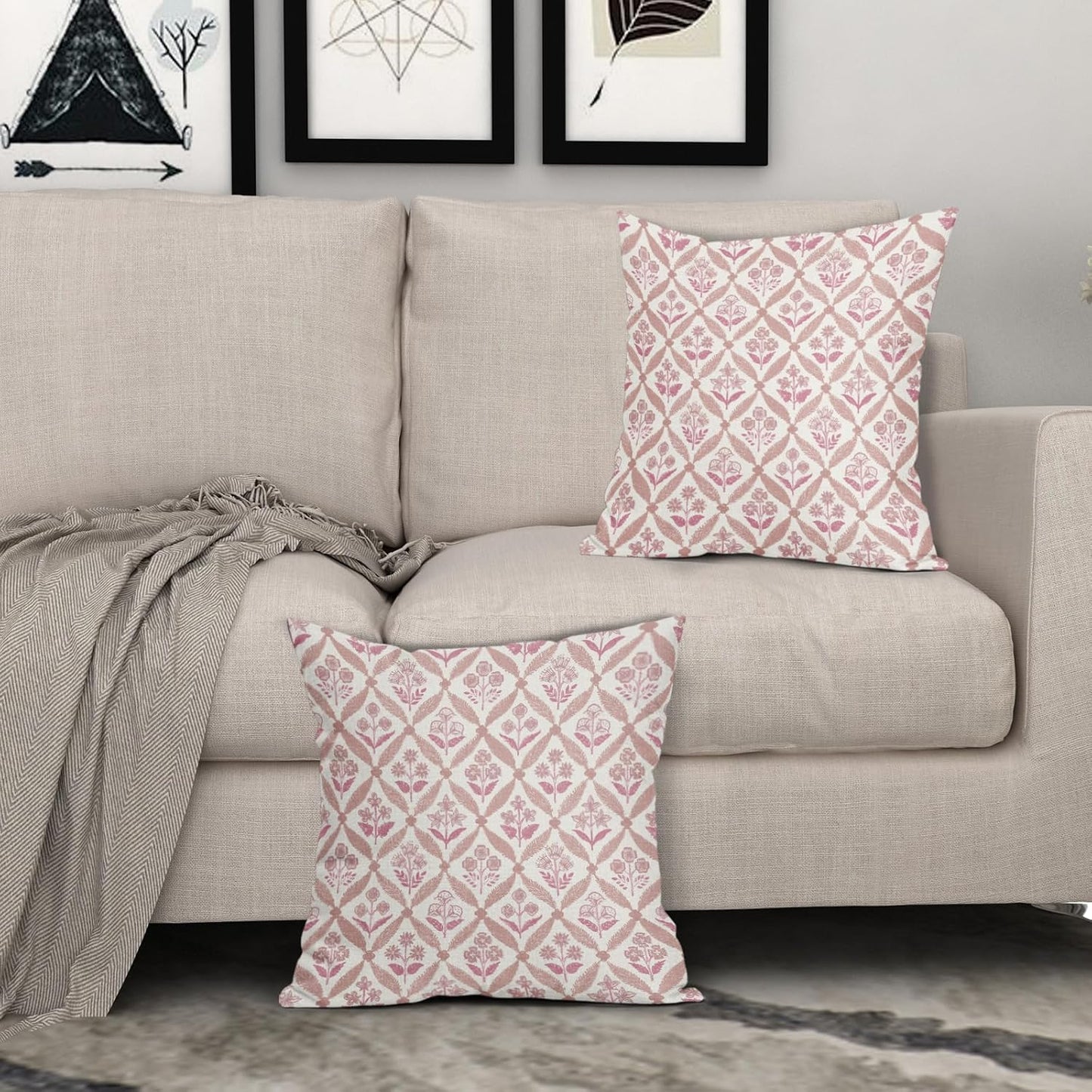 Blue Green Floral Block Print Pillow Covers 12X20 Set of 2, Flower Pattern Spring Summer Print Decorative Throw Pillow Covers Outdoor Farmhouse Seasonal Cushion Case Couch Sofa Bed Decor