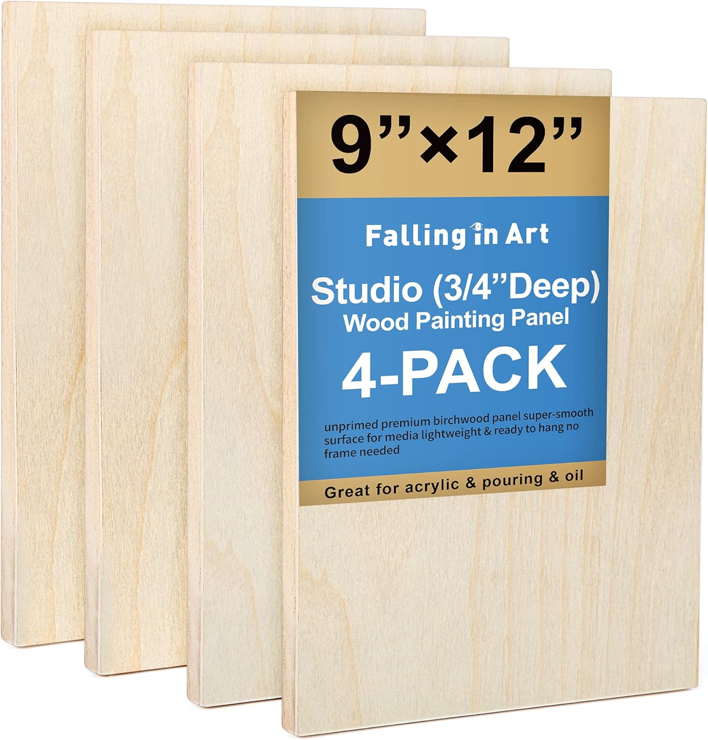 Falling in Art Unfinished Birch Wood Canvas Panels Kit, 4 Pack of 8x10’’ Studio 3/4’’ Deep Cradle Boards for Pouring Art, Crafts, Painting, and More