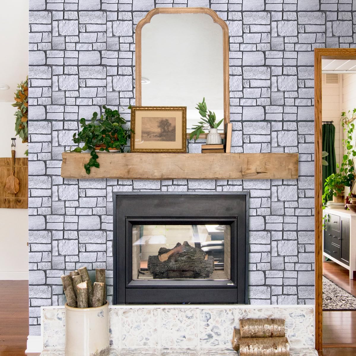 COMSTICKC 3D Faux Gray Stone Wall Sticker Peel and Stick Wall Panels,10 Pcs of 12"X12",Ultra-Light Thin PVC Decorative Tiles Rocks Stone Backsplash Interior Decor,Paintable