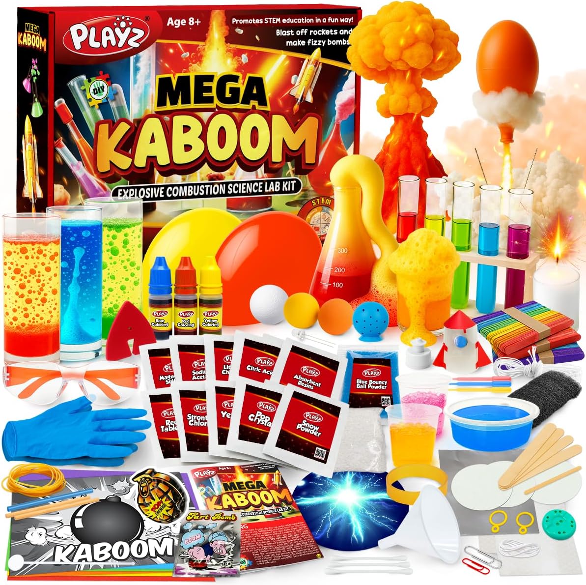 Playz Kaboom! 50+ Explosive Science Experiments Kit for Kids Age 8-12 with 25 Playz Lab Token Experiments - Chemistry Set STEM Learning & Educational Toys & Gifts for Boys, Girls, Teenagers & Kids