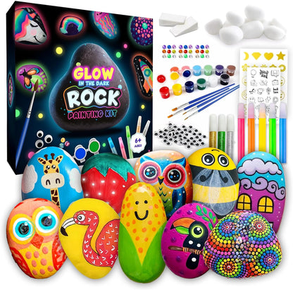 Rock Painting Kit for Kids 6-12 - 90+ Pcs Arts and Crafts Kit for Kids Painting - 10 White Rocks, 12 Paint Colors, Glitter Glue, Googly Eyes & More - Rock Art Supplies- DIY Arts & Crafts Easter Gifts
