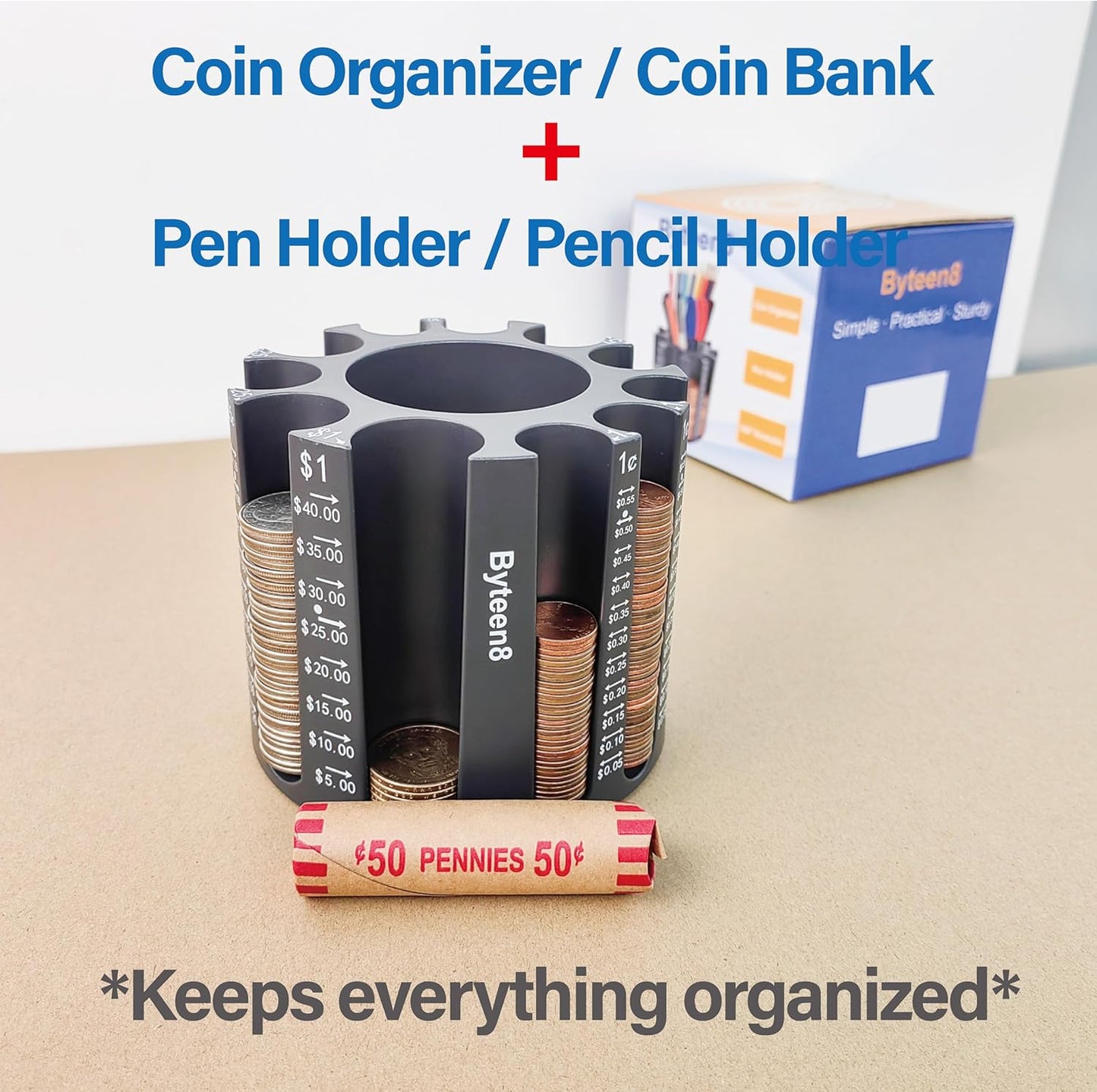 Byteen8 Coin Counter Change Sorter｜Pen & Pencil Holder as Desk Organizer｜Piggy Bank for Adults & Kids｜Coin Bank & Wrappers store 500pcs｜Creative Gifts for Kids & Family｜Easy to use