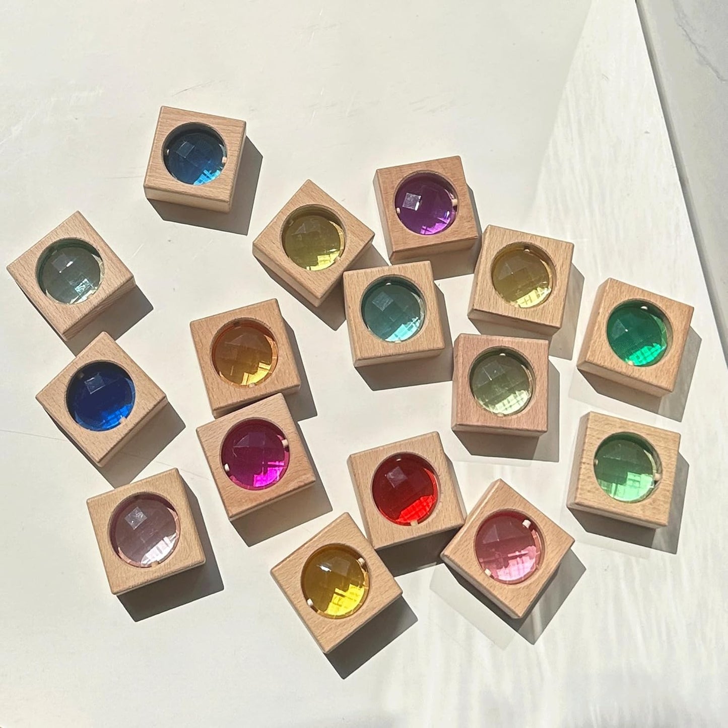 20PCS Wooden Gem Blocks Stacking Toys,Colorful Acrylic Windows Blocks, Rainbow Crystal Acrylic Building Cubes Educational Sensory Training Crystal Toys (20PCS Round Gem Blocks)