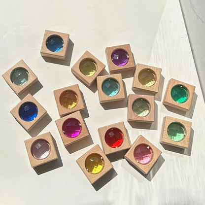 20PCS Wooden Gem Blocks Stacking Toys,Colorful Acrylic Windows Blocks, Rainbow Crystal Acrylic Building Cubes Educational Sensory Training Crystal Toys (20PCS Round Gem Blocks)