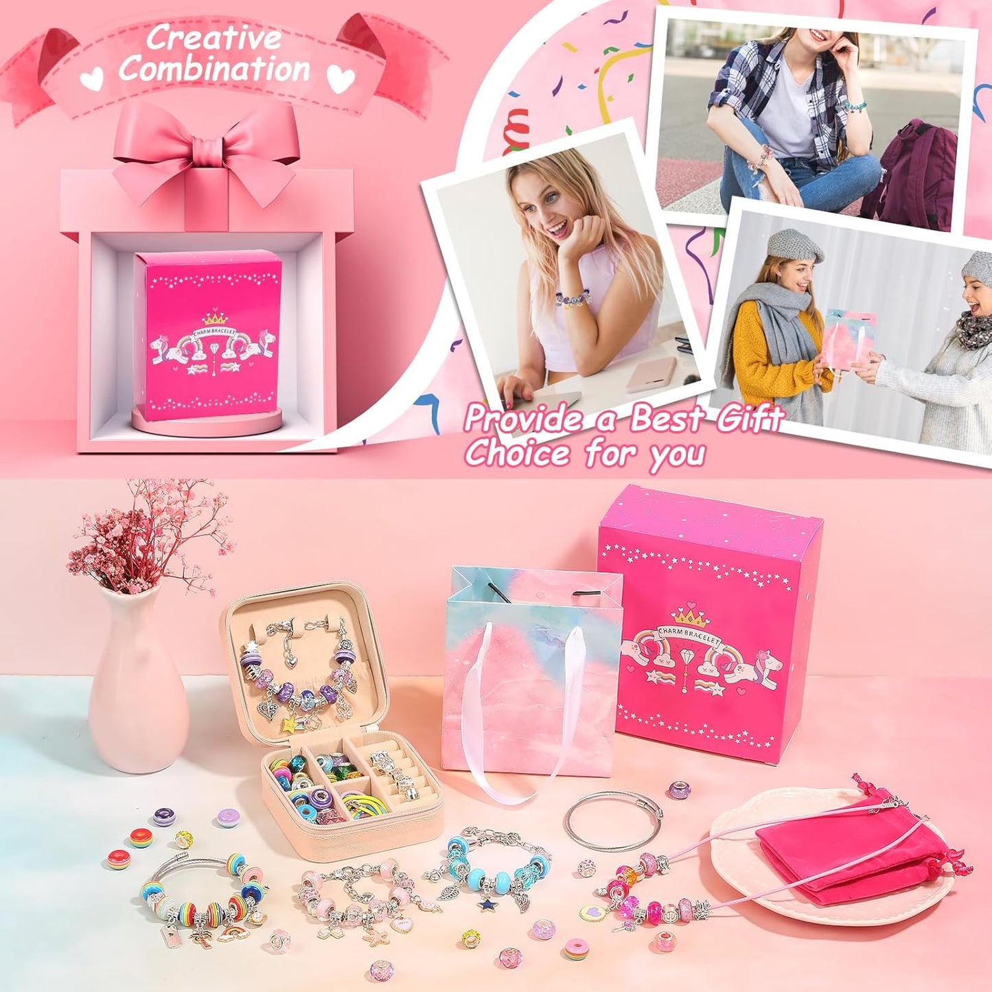 LifeisLuck Charm Bracelet Making Kit, 140 PCS DIY Craft Bead Sets Jewelry Making Kit, Portable Bracelet Organizer Gift Box for Teenage Birthday Christmas Stocking White Elephant Gift Exhange
