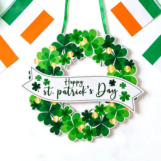 AOMOONOA Lighted St. Patrick’s Day Wreath for Front Door, Battery Operated Shamrock Wreaths with Timer, Wooden Foldable Wreath with Magnetic Word Signs for Irish Holiday Outdoor, Wall Decor