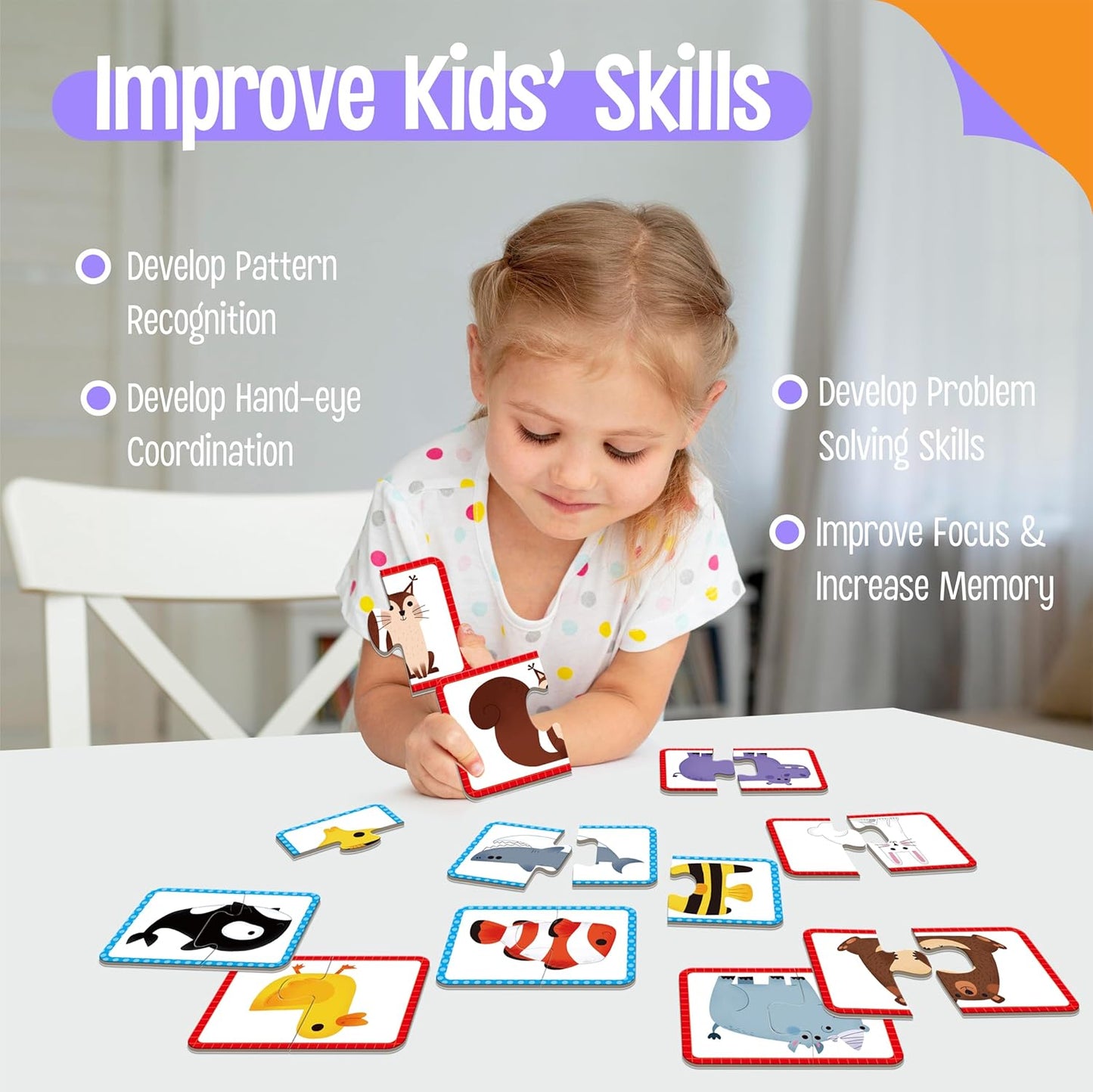 48 Food Matching Puzzles with Error-Correction Mechanism Pre-Primer in 2 Pieces, Perfect for Preschool Learning (24 Blocks Double Sided)