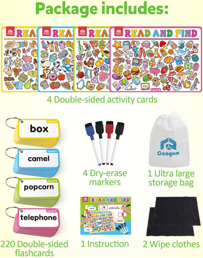 Coogam Search and Find Activity Cards for Kids, 220 Sign Words Dry Erase Busy Book Travel Games, Educational Montessori Toy Learning Flashcards for Kindergarten Preschool 3 4 5 Years Old Kids