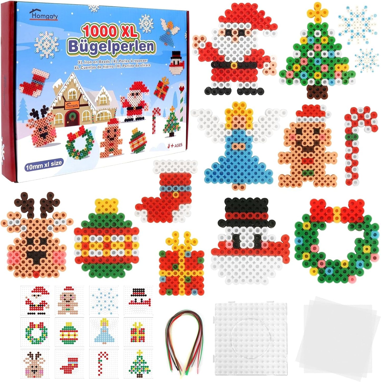 Homgaty 10MM Fuse Beads Kit,1000 PCS XL Iron Melting Beads for Christmas Patterns and Ironing Paper, DIY Art Craft Iron Bead,Crafts Set for Adult