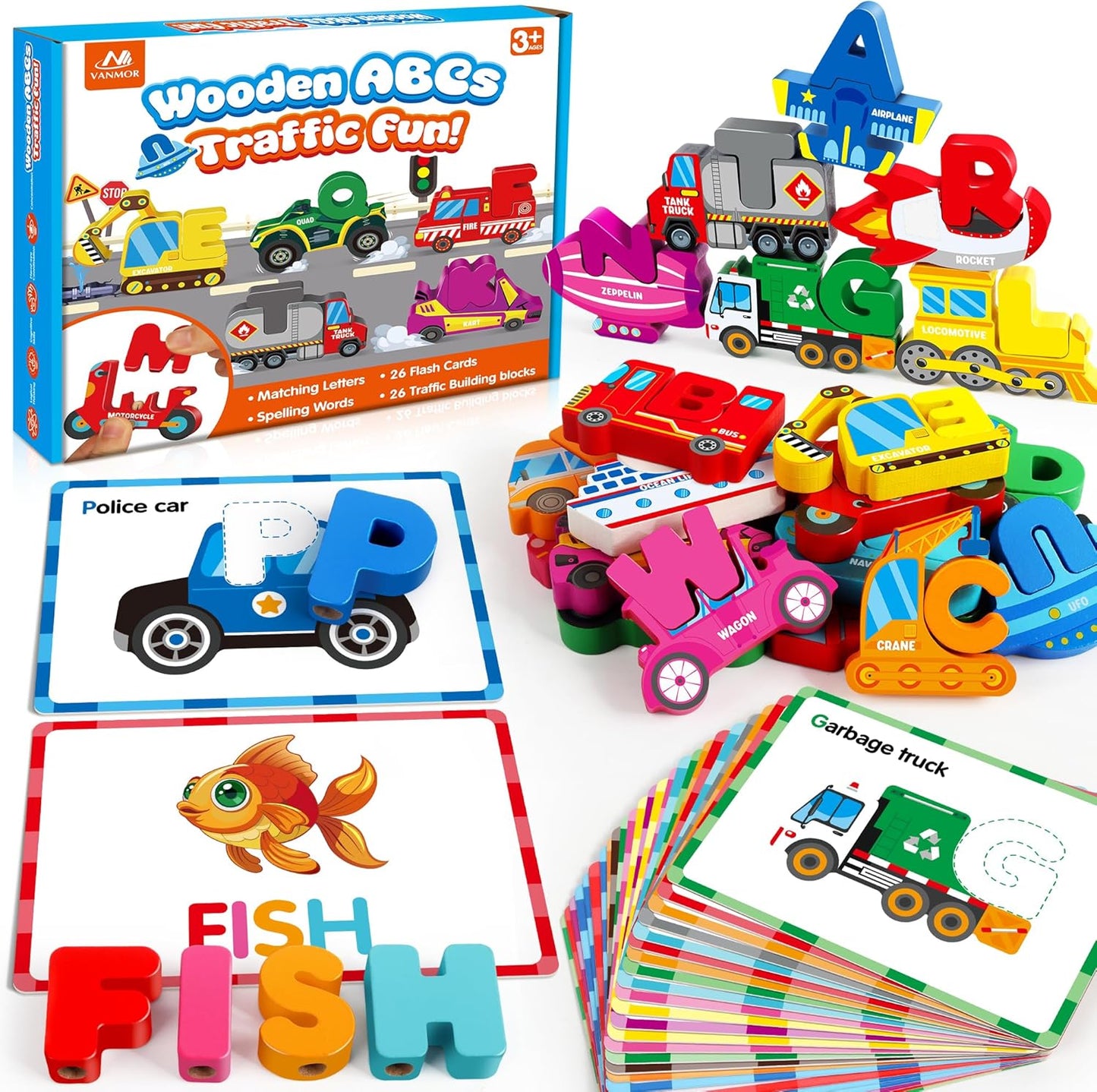 Vanmor Wooden Vehicle Alphabet Puzzle for Toddlers, Traffic ABC Letter Sight Words Matching Game with 52 Blocks and Flash Cards, Spelling Game Toys, Kindergarten Preschool Learning Activities