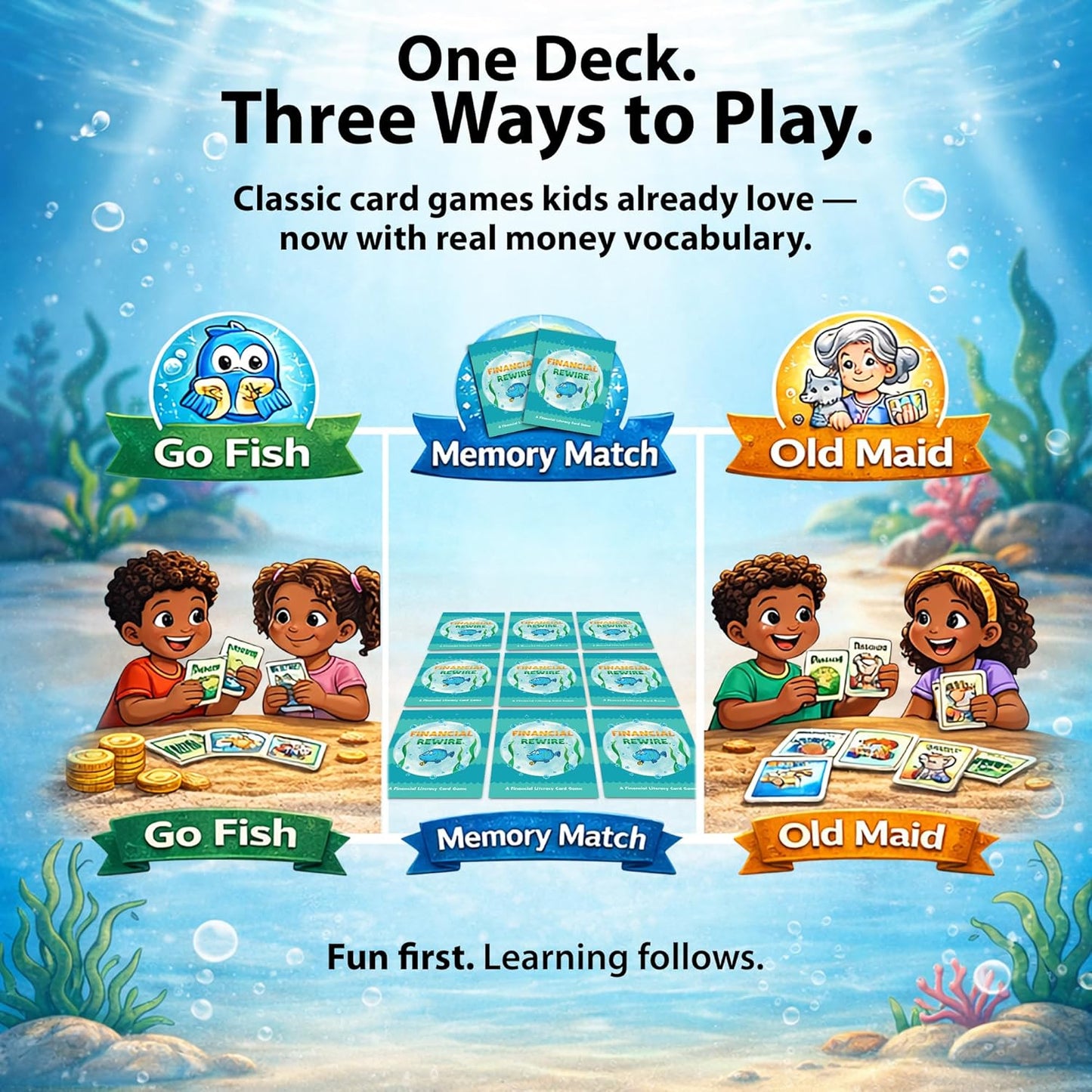 Finance Go Fish – 3-in-1 Financial Literacy Card Game for Kids Ages 5–12 | Go Fish, Memory & Old Maid | Educational Money Vocabulary Deck (Combo)