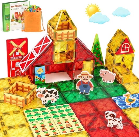3 Otters 42PCS Magnetic Tiles Toys with Farm Animals, Magnetic Building Blocks Educational STEM Toys for Birthday Party Gifts Kids Toddlers Preschool Classroom