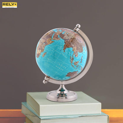 Rely+ Earth Light Blue Rotating Globe of The World with Silver Stand (NOT PLASTIC!) for Bookcase Shelf Decorative Home Desk sturdy Office Decor 6-inch