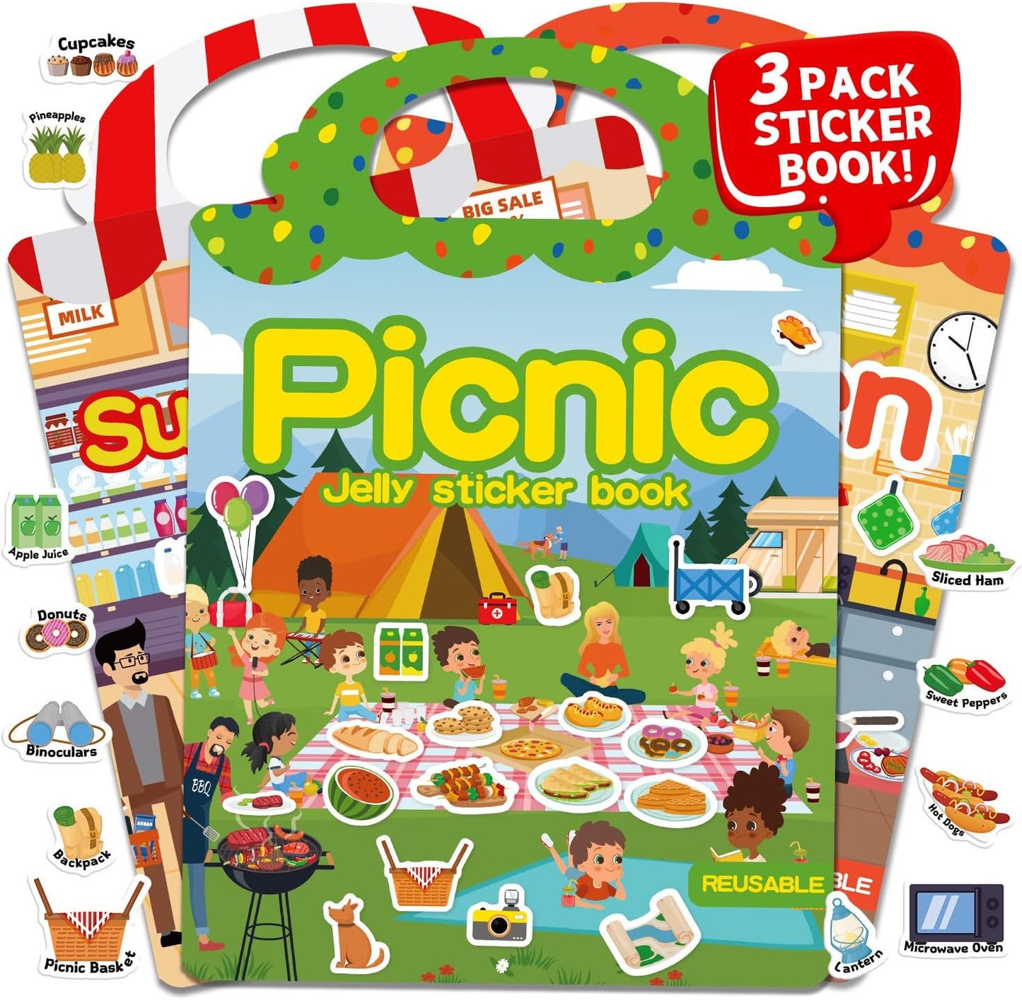 6 Sets Reusable Sticker Book for Toddlers 3-6, Jelly Sticker Books for Toddler, Travel Sticker Activity Toys for Kids 3 4 5 6 Years Old Girls & Boys