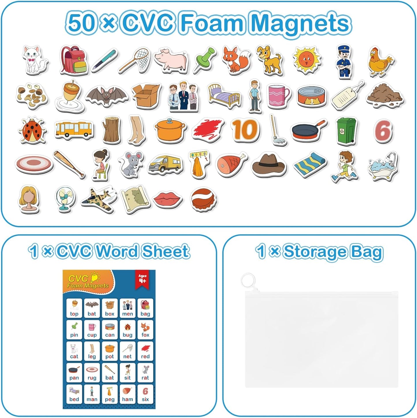 Kasfalci CVCC & CCVC Word Games, 50 Magnetic Foam Objects Fridge Magnets for Kids, Speech Therapy Toys for Toddler, Learn to Read Spelling Reading Learning Phonics for Preschool Kindergarten Classroom