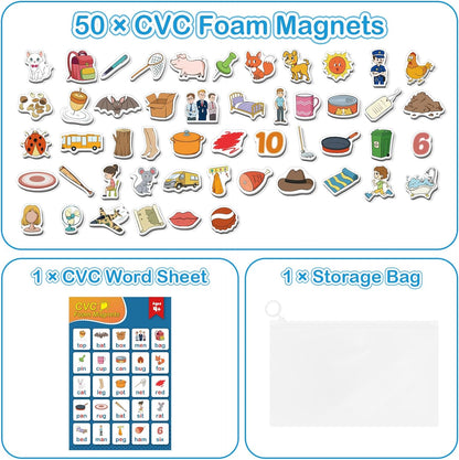 Kasfalci CVCC & CCVC Word Games, 50 Magnetic Foam Objects Fridge Magnets for Kids, Speech Therapy Toys for Toddler, Learn to Read Spelling Reading Learning Phonics for Preschool Kindergarten Classroom