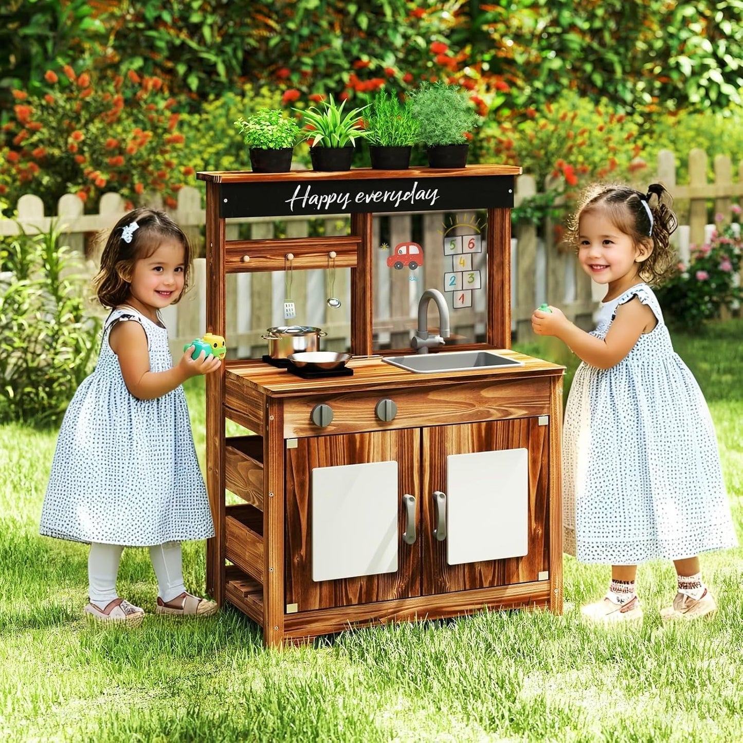KOTEK Mud Kitchen with Canopy, Outdoor Play Kitchen with Removable Sink, Chalkboard, 4 Stoves, Cooking Accessories & Storage Cabinet, Wooden Toy Kitchen Playset for Kids Age 3+