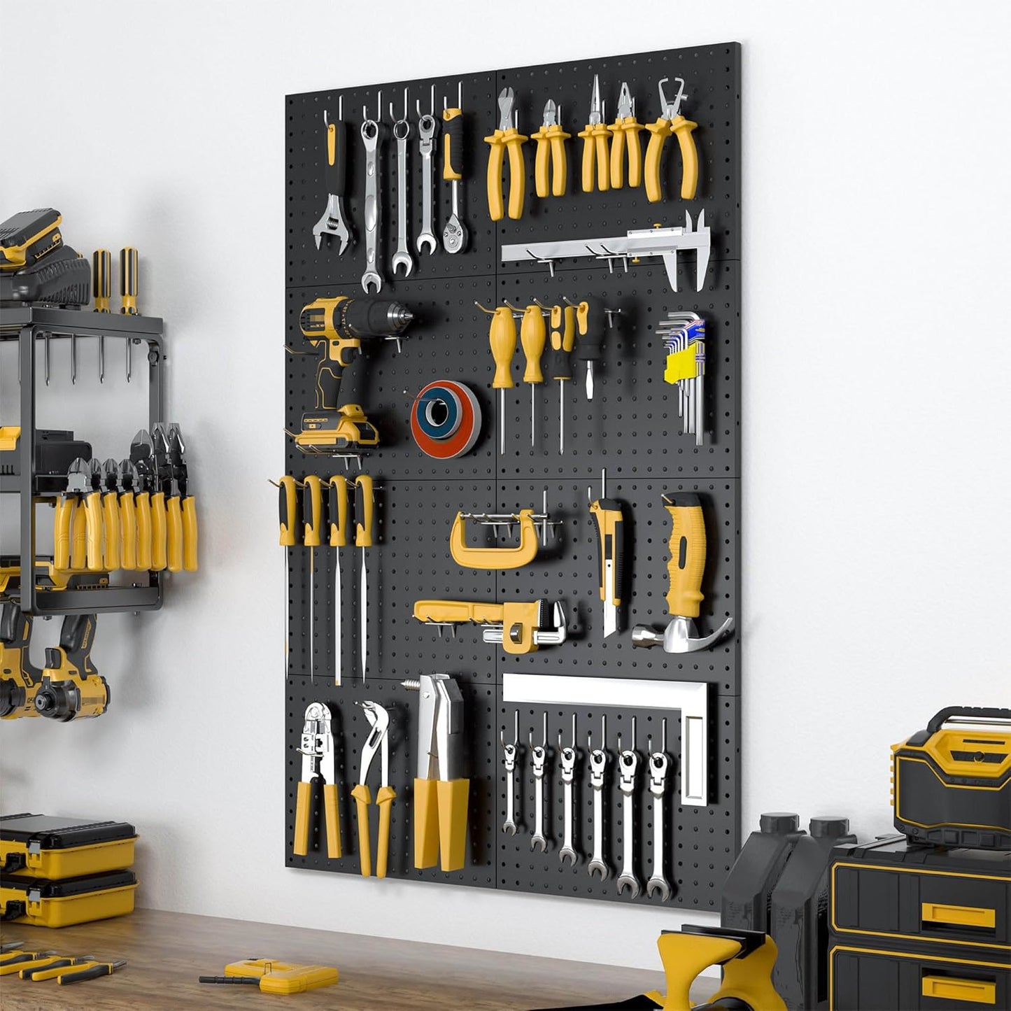 Spampur Peg Board, 4 Pack Metal Pegboard Panels with 50 Hooks, Black Pegboards Wall Organizer, Heavy Duty Peg Board for Walls Home, Garage Tool Storage, Office Organization, Craft Room, Kitchen