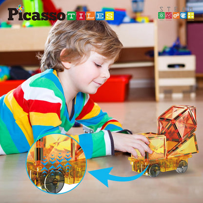 PicassoTiles Magnet Tile Construction Themed Building Blocks 5-in-1 Crane, Ladder, Dump Truck, Excavator, and Backhoe Action Figures, 2 Car Base Vehicles Magnetic Tiles Learning Toys Kids Ages3+ PTU06