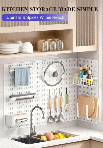 Pegboard Wall Organizer Set – 4 Peg Boards with Hooks & Shelves – Office, Kitchen, Gaming Room Desk Pegboard Storage – Peg Board Wall Display Rack (White)