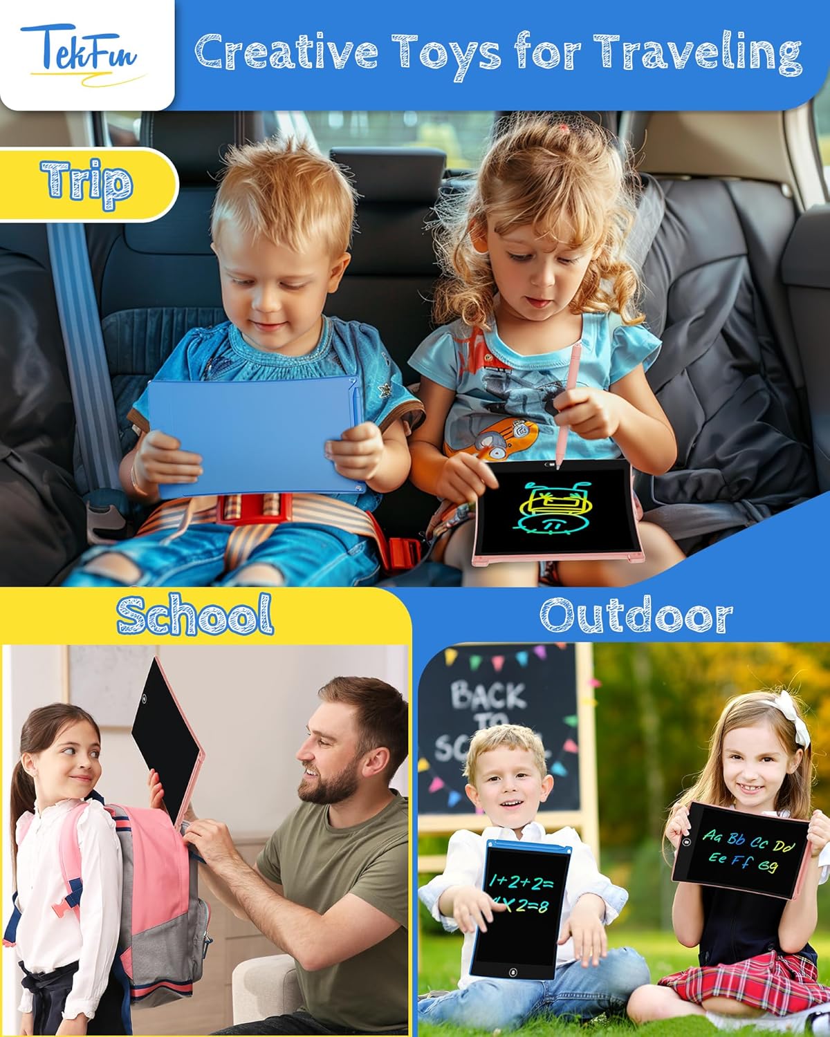 TEKFUN Kids Toys, 2Pcs LCD Writing Tablet with 4 Stylus, 8.5in Erasable Doodle Board Mess Free Drawing Pad for Kids, Car Trip Educational Toys Birthday for 3 4 5 6 7 Girls Boys