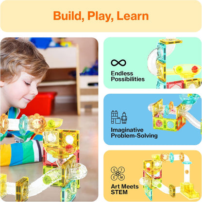 PicassoTiles Marble Run 60 Piece Race Track Magnetic Tiles Magnet Building Block Educational Construction Toy Set Playset STEM Learning Kit Child Brain Development HandEye Coordination Training PTG60