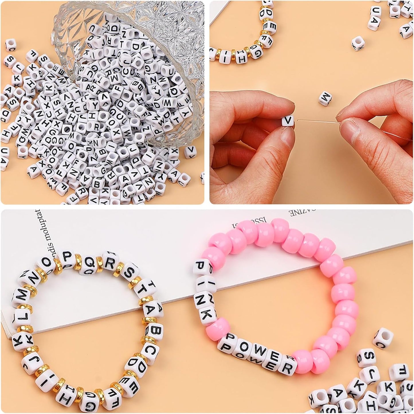 Letter Beads, Augshy 1400 Pcs Morandi Cube Alphabet Bead,Square Letter Beads with 1 Roll 10M Crystal String Cord (6mm)