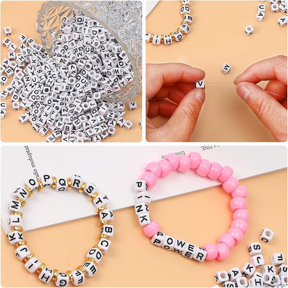 Letter Beads, Augshy 1400 Pcs Morandi Cube Alphabet Bead,Square Letter Beads with 1 Roll 10M Crystal String Cord (6mm)