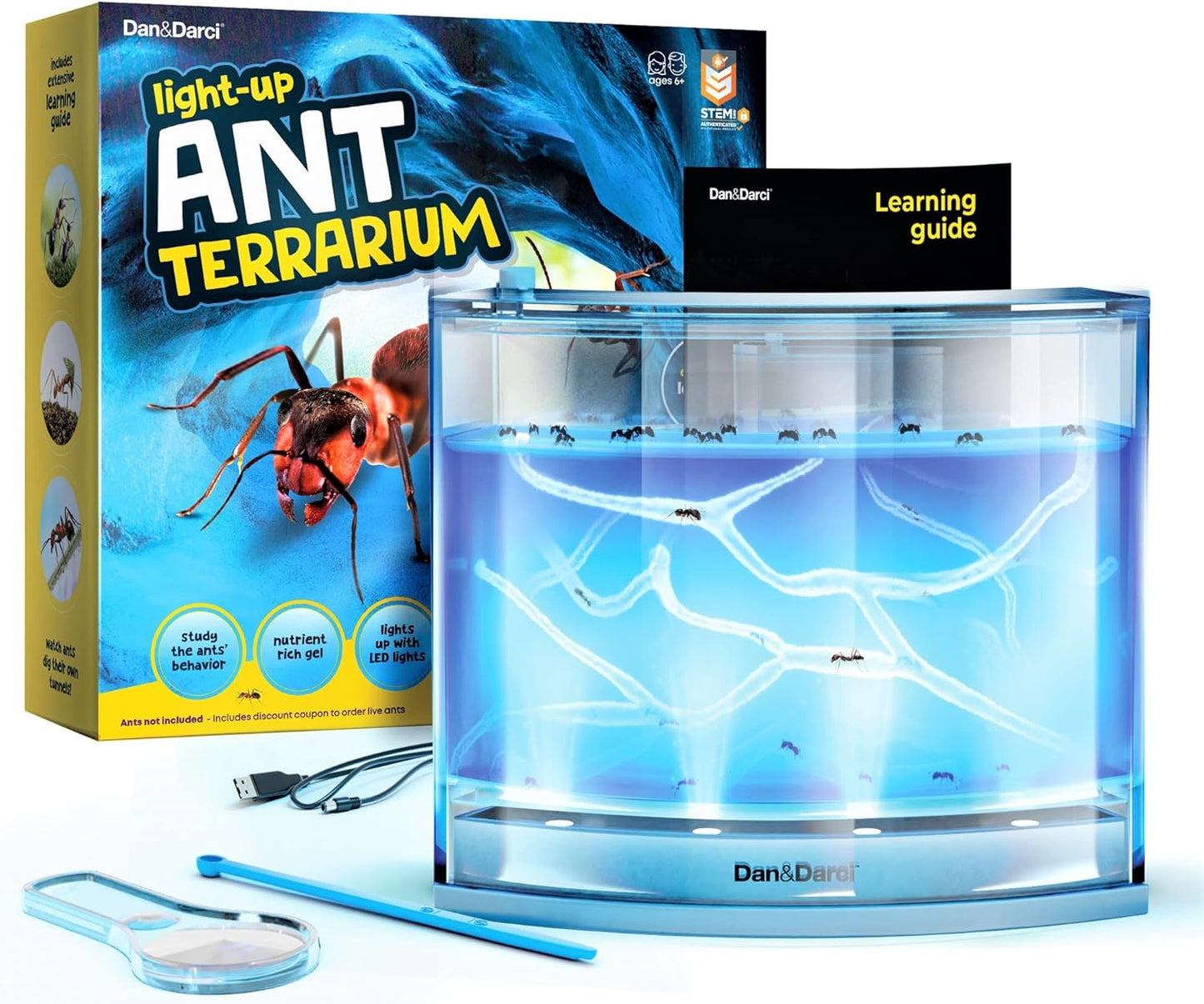 Dan&Darci Light-up Ant Farm Terrarium Kit for Kids – LED Habitat for Live Ants with Nutrient Rich Gel - Watch Them Dig Their Own Tunnels - Learning Science Toys, Experiment Gift for Boys & Girls