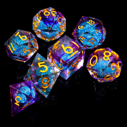 Liquid Core DND Dice Set, 7pcs Sharp Edge Dice for Role Playing Dungeons and Dragons Ttrpg with Gift Box, Handmade Resin D&D Dice RPG Role Playing Games Dice Set(Blue Gold)