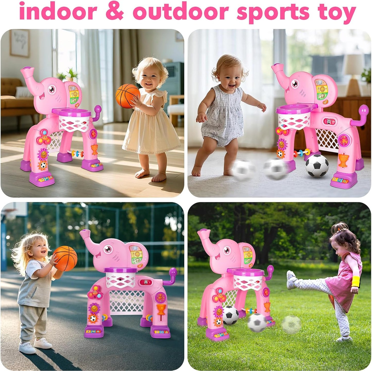 Toddler Basketball Hoop & Soccer Goal, Toys for 1 2 3 Year Old Boys Girls, Kids Sports Toy with Light Sound Music, Montessori Toys for Baby 12-18 Months, Christmas Birthday Gifts for Ages 1-3(Pink）