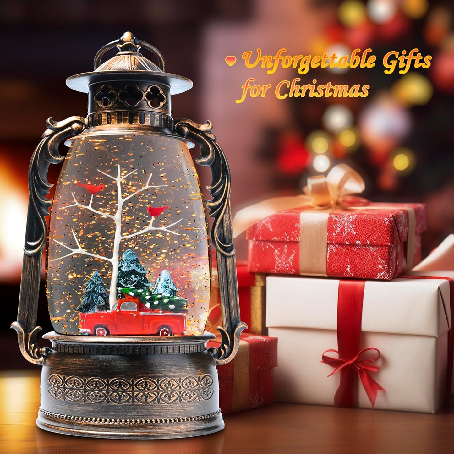 Large Christmas Snow Globes, 13.8" Cardinal Musical Snow Globe 8 Songs 6H Timer Music Box Dual Power Snowglobes for Kids Adults Red Truck Christmas Lantern Lighted Christmas Decor Indoor Gifts