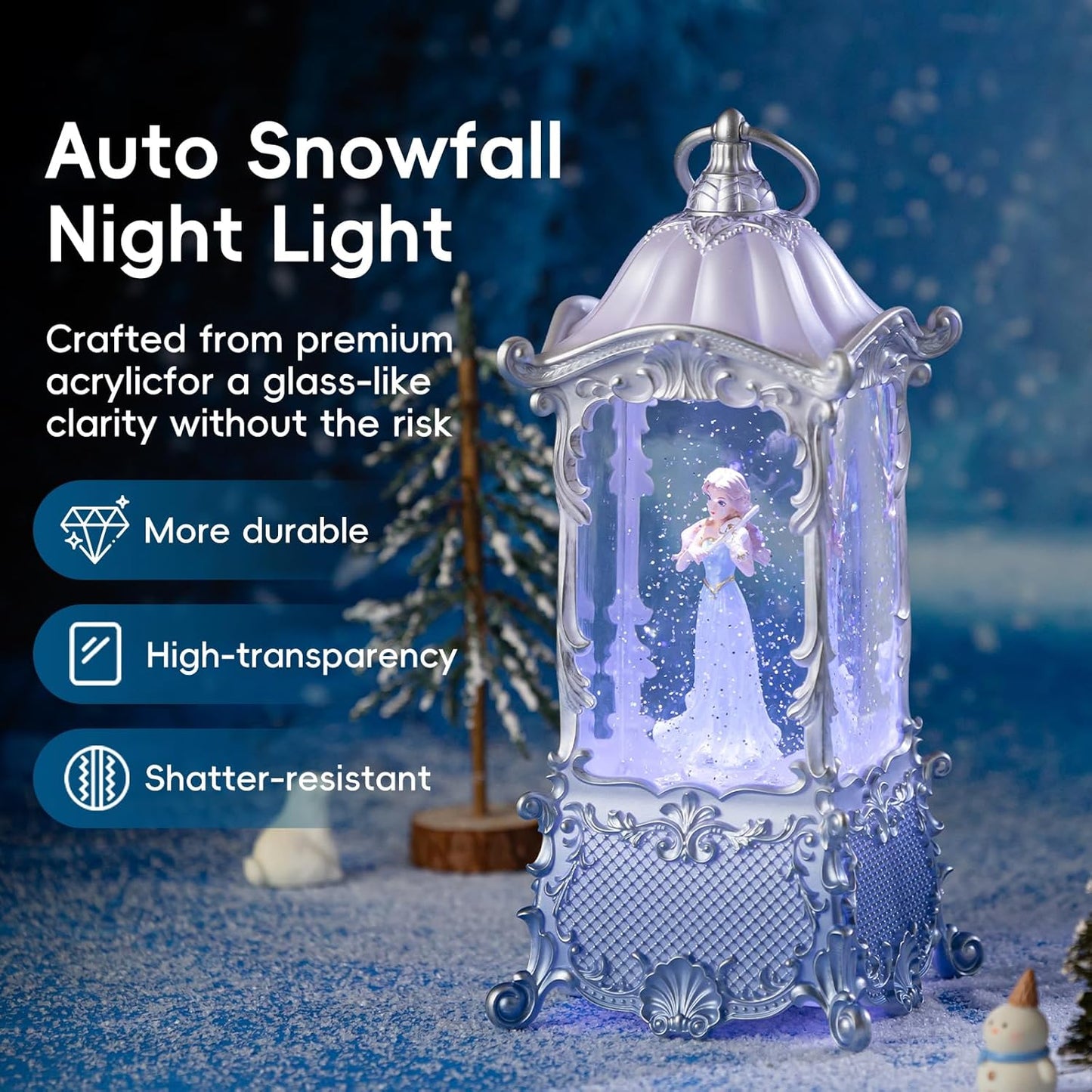 Snow Globe Lantern with Violin Girl – Shatterproof, Glitter Snowglobe 10 Songs Music Box, Led Light, USB or Battery Powered, for Girls Spring Day Gifts Birthday Home Decor Fall Decoration, Silver