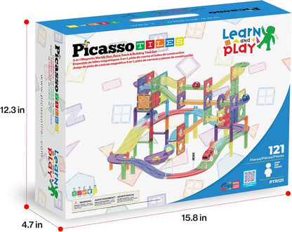 PicassoTiles 121pc Magnetic Tile Race Track Marble Run Magnet Tiles 3-in-1 Playset Car Racing Construction Set STEM Learning Early Education Building Toy Cars for School Toddlers Boys Girls Ages 3+