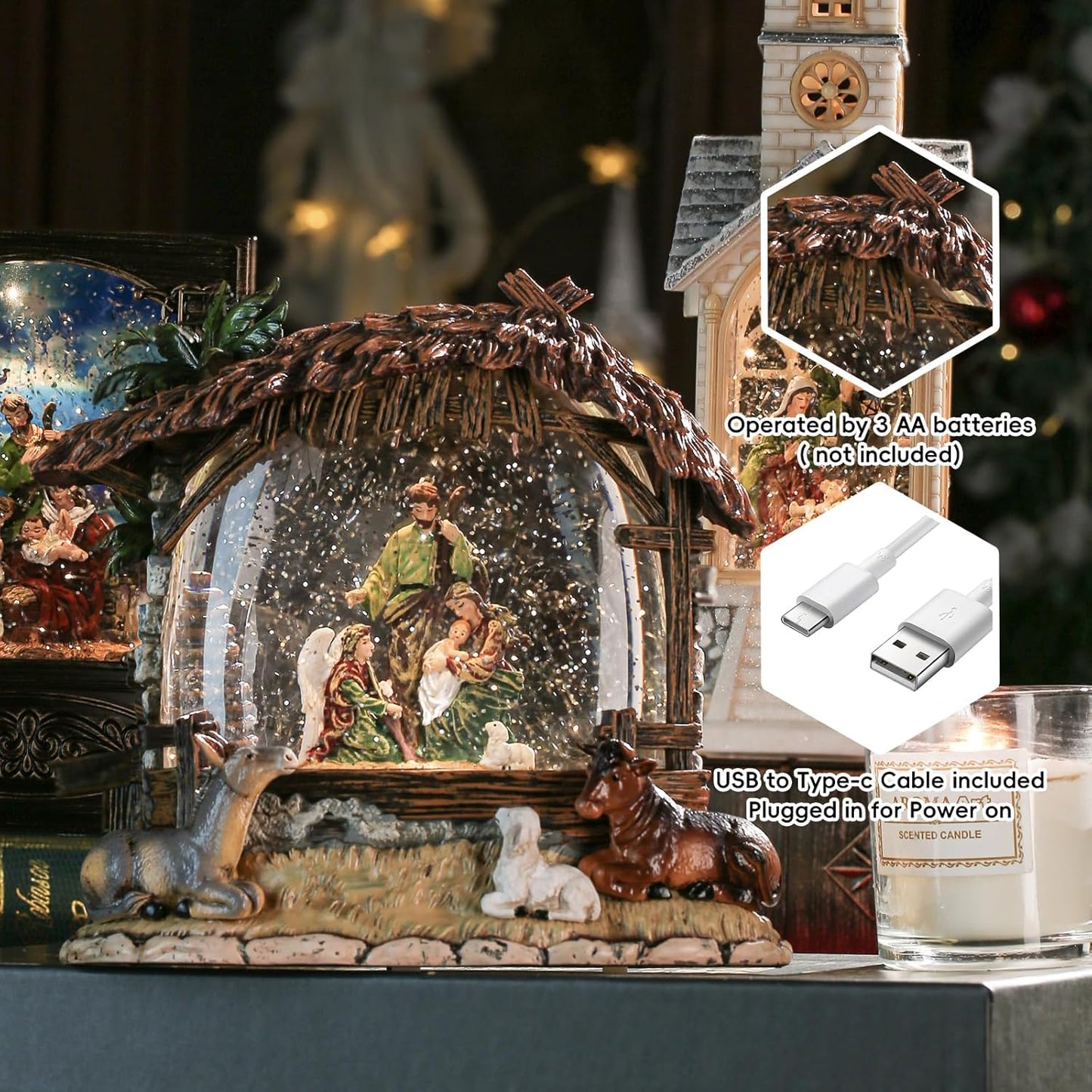 Snow Globe Lantern with Violin Girl – Shatterproof, Glitter Snowglobe 10 Songs Music Box, Led Light, USB or Battery Powered, for Girls Spring Day Gifts Birthday Home Decor Fall Decoration, Silver
