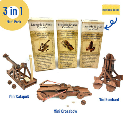 PATHFINDERS Leonardo Da Vinci weapons mini model kits catapult crossbow bombard set of 3 Engineering kits Educational Toys for Kids Science kit for Kids Age 8-10 10-12 stem Projects Wood Building Kits