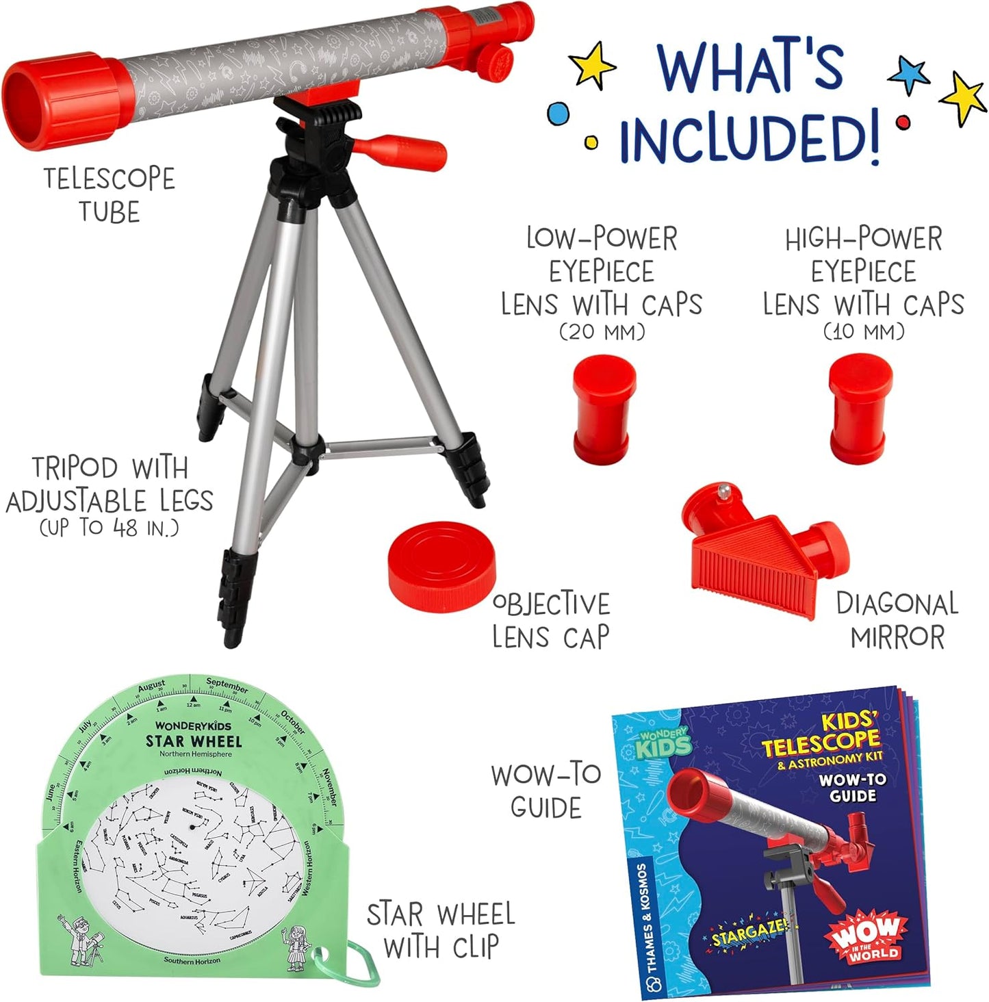 Wow in the World Kids’ Telescope & Astronomy Kit, 25x & 50x Magnification, Adjustable 48” Tripod, Includes Star Wheel & Companion Audio Content, Intro to Astronomy for Ages 6+ by Thames & Kosmos
