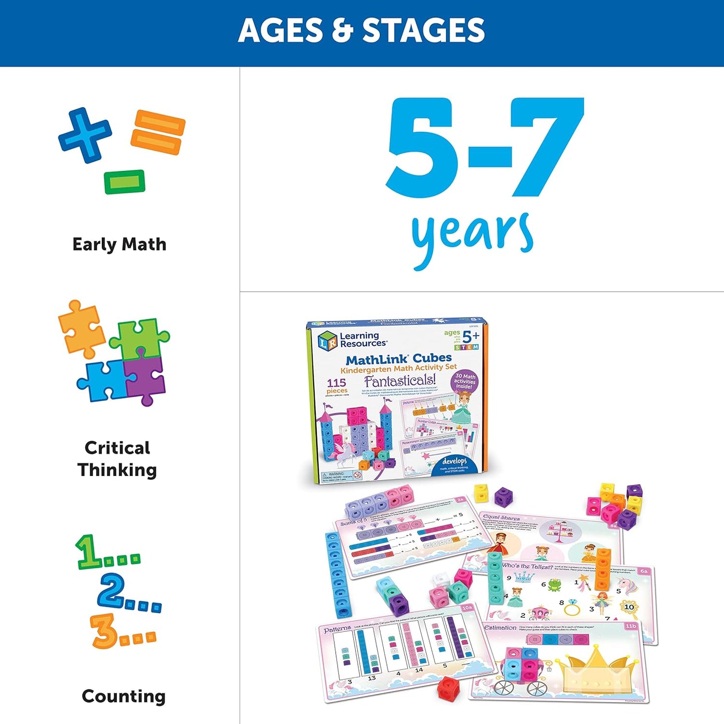 Learning Resources MathLink Cubes Kindergarten Math Activity Set Sea Adventures! - 115 Pieces, Age 5+, STEM Teaching Toys, Kindergartner Games