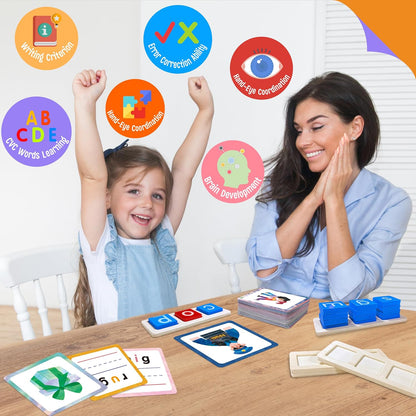 154 PCS Wooden CVC Word Spelling Game, Short Vowel Spelling Flashcards Sight Words Flash Cards Montessori Early Educational Toys for Preschool Kindergarten (5 Dry Erase Marker Included)